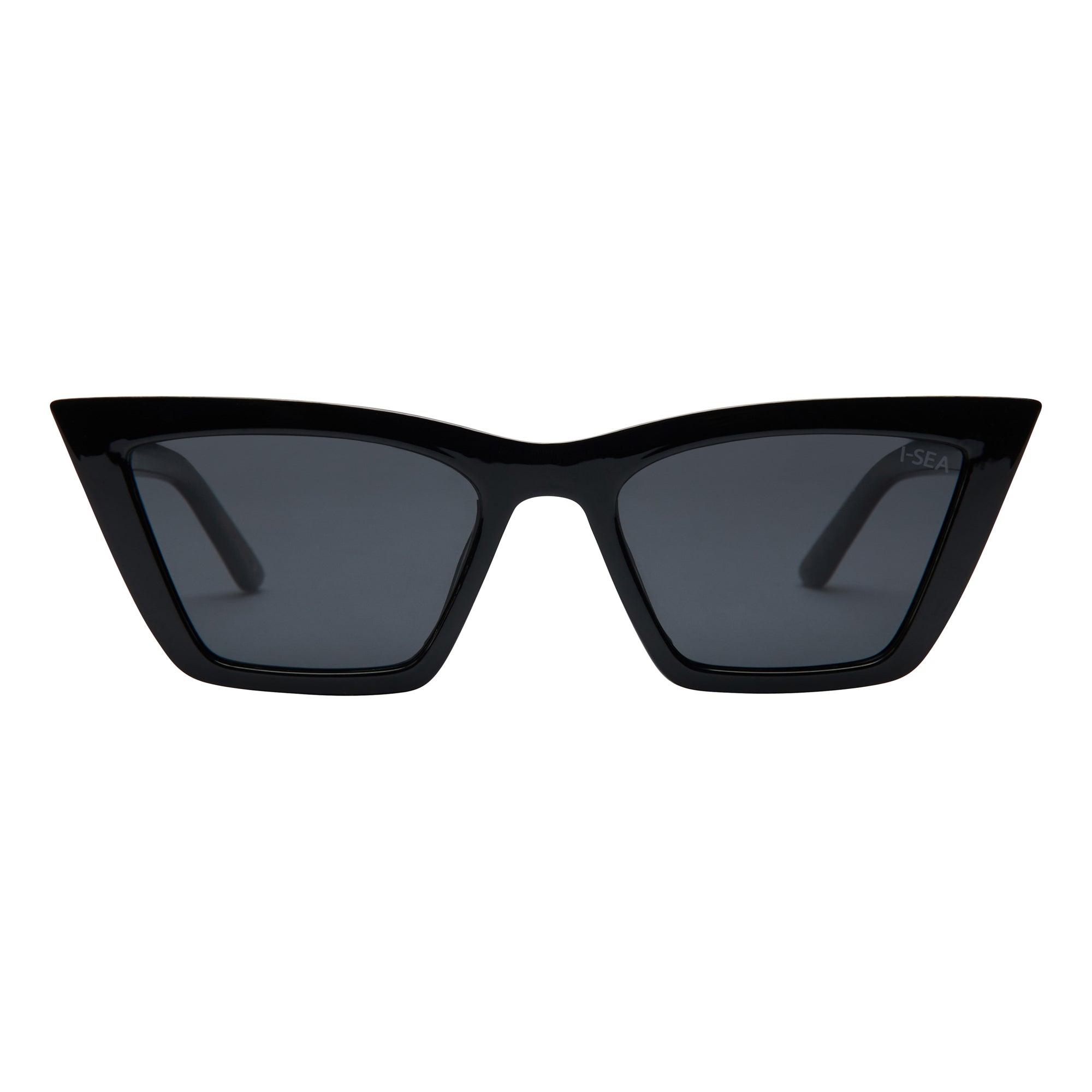 Black cat-eye sunglasses on a white background.
BLACK / SMOKE POLARIZED LENS