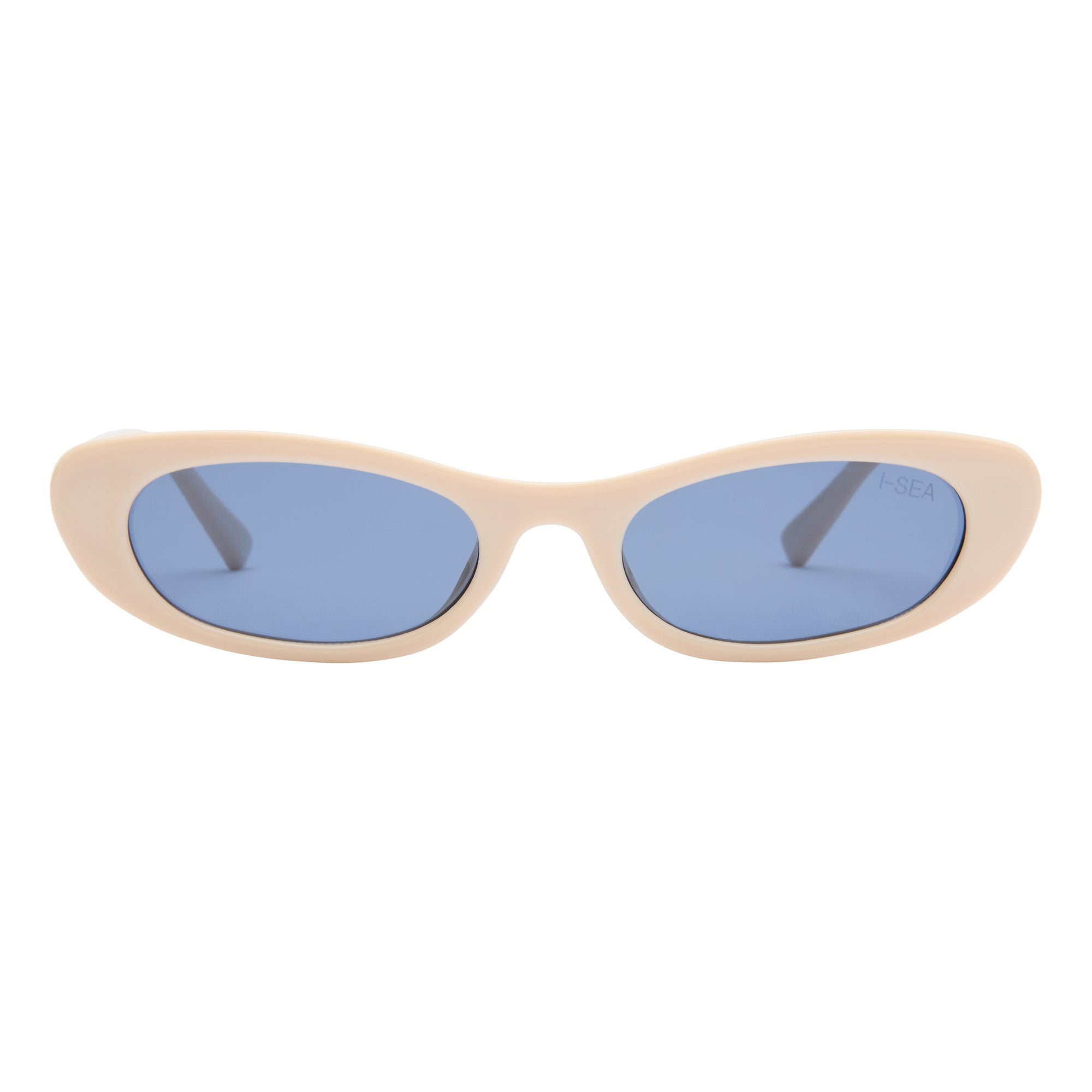 Beige sunglasses with blue lenses on a white background.
CREAM / NAVY POLARIZED LENS