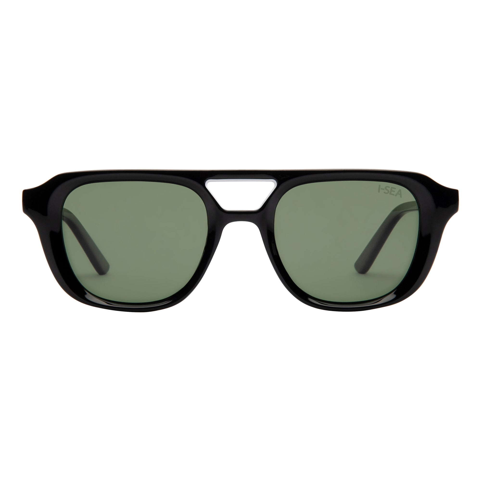 Black sunglasses with green lenses on a white background.
INK / GREEN POLARIZED LENS