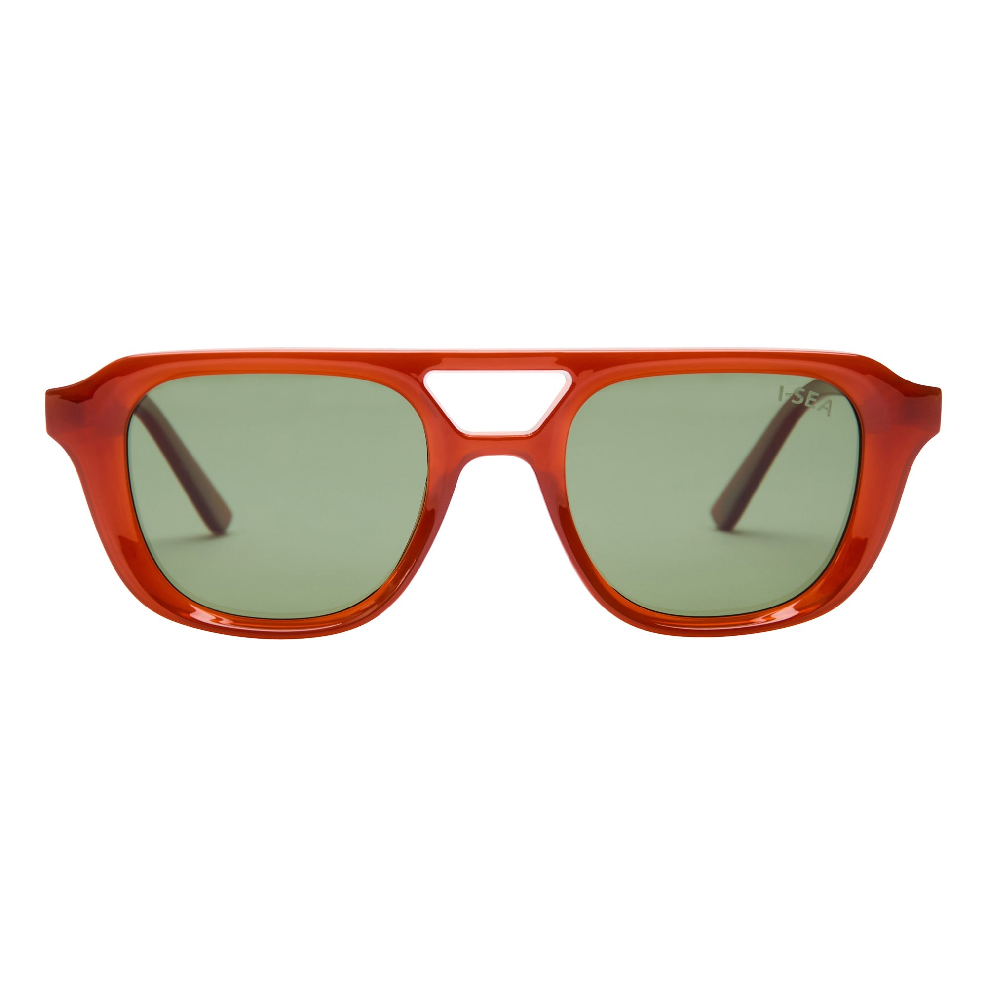 Red sunglasses with green lenses on a white background.
GINGER / GREEN POLARIZED LENS
