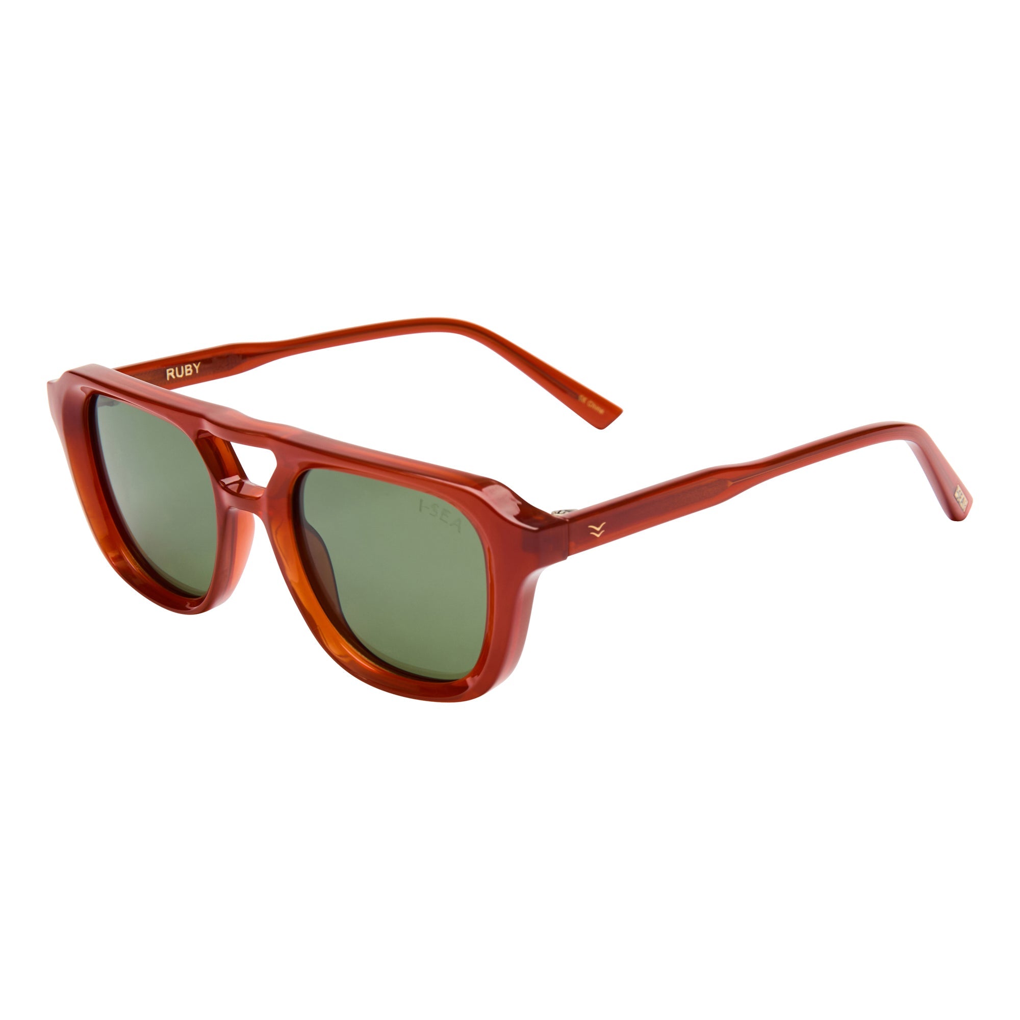 Red sunglasses with green lenses on a white background.
GINGER / GREEN POLARIZED LENS