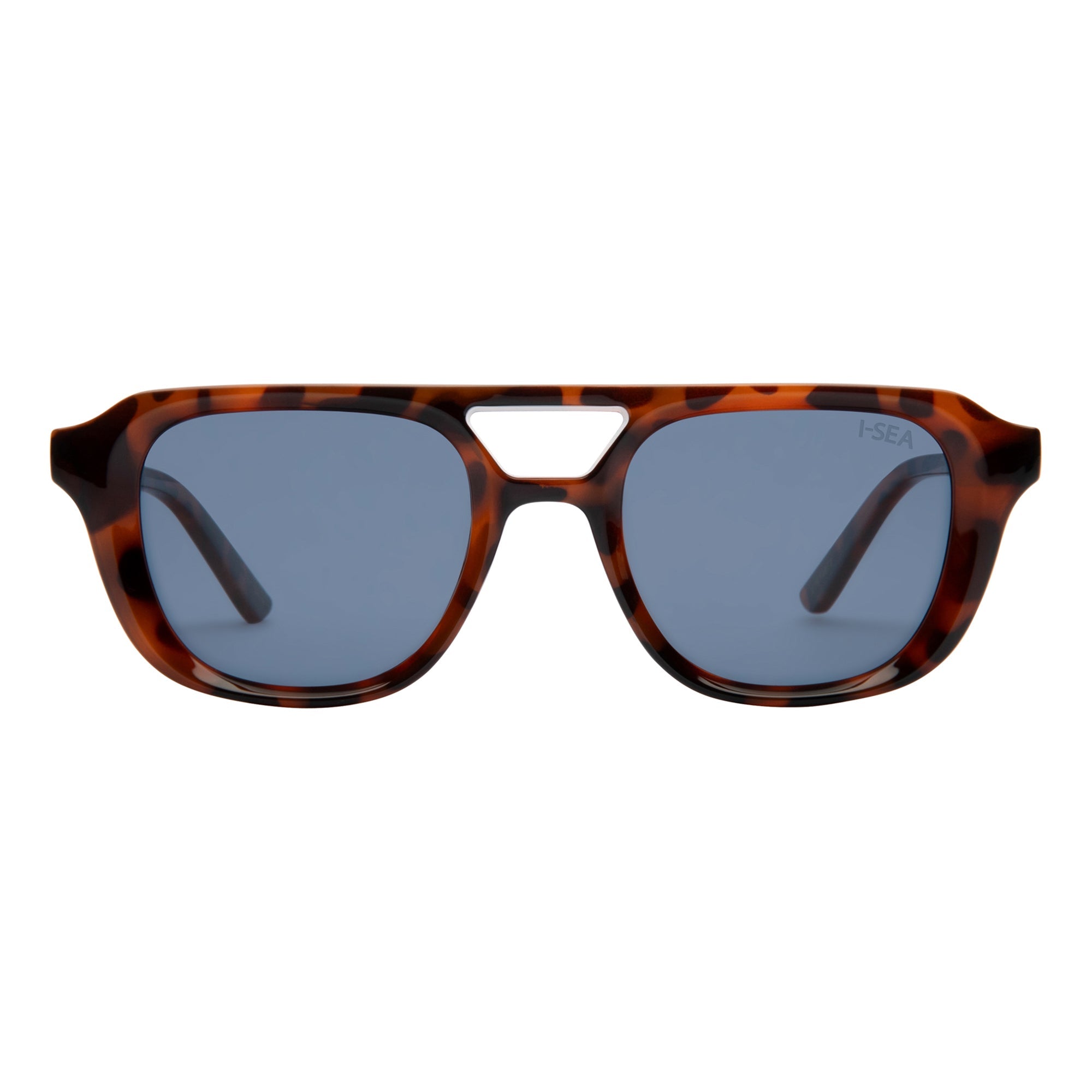 Sunglasses with tortoiseshell frame and blue lenses on a white background.
TORT / NAVY POLARIZED LENS