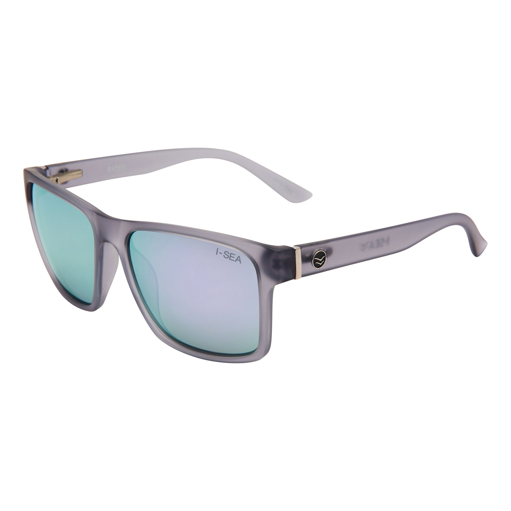 Sunglasses with a gray frame and blue-tinted lenses on a white background.
GREY / PURPLE MIRROR POLARIZED LENS