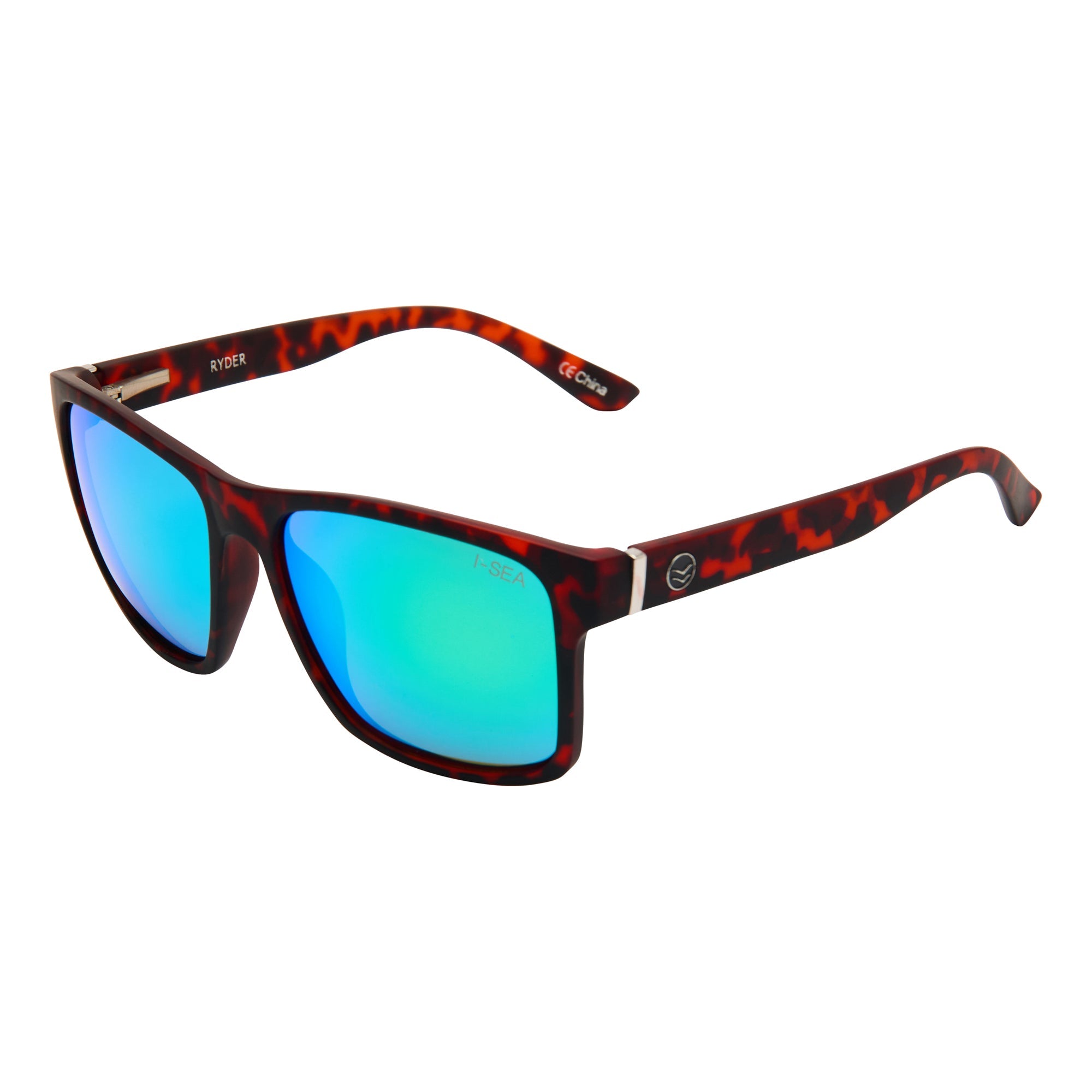 Sunglasses with red tortoiseshell frame and blue lenses on a white background.
TORT / GREEN MIRROR POLARIZED LENS