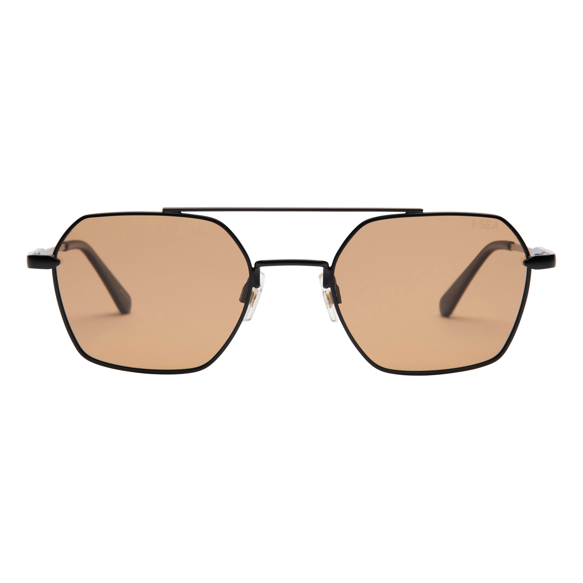 Sunglasses with gold lenses and black frame on a white background.
BLACK / COCOA POLARIZED LENS
