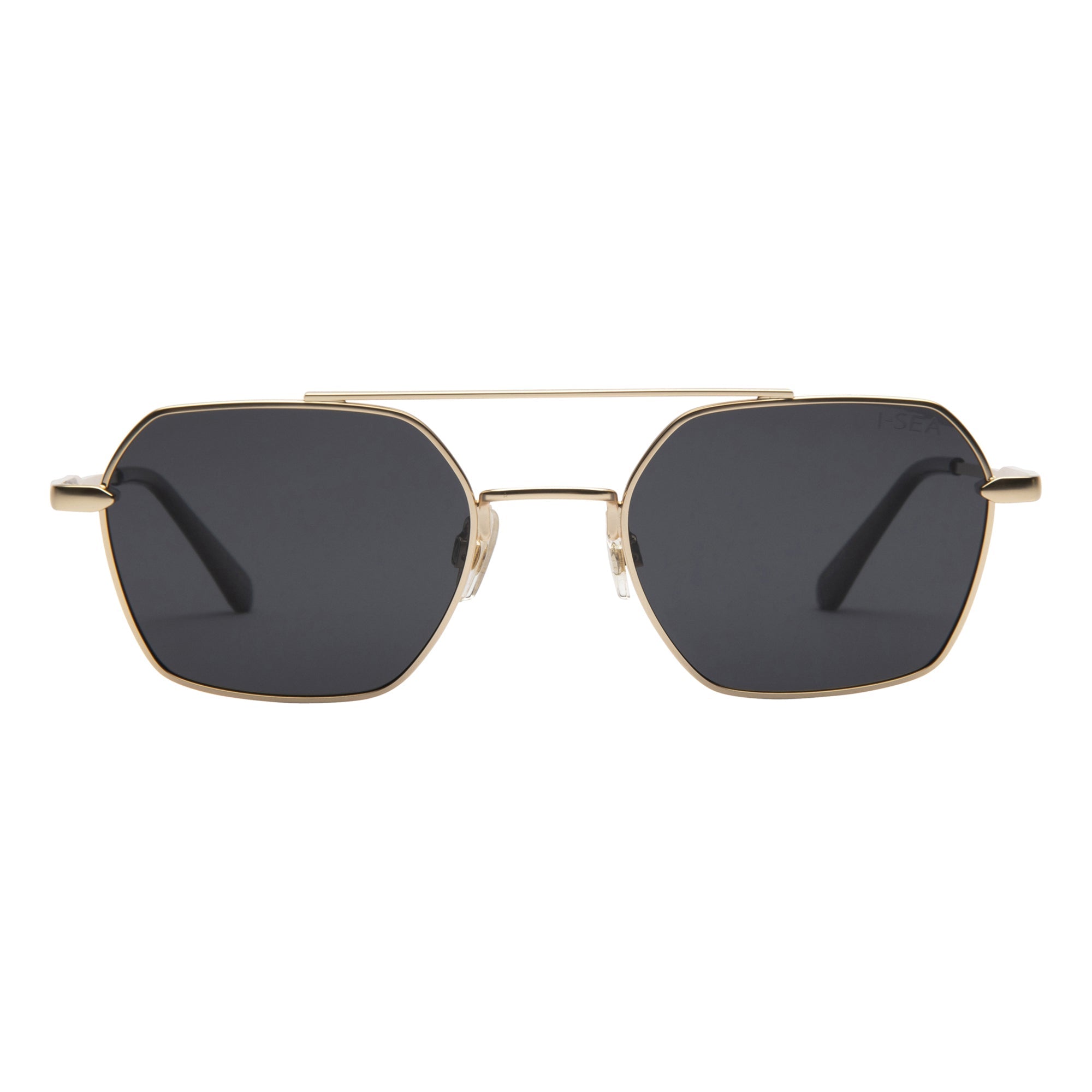 Gold-framed sunglasses with dark lenses on a white background.
GOLD / ONYX POLARIZED LENS