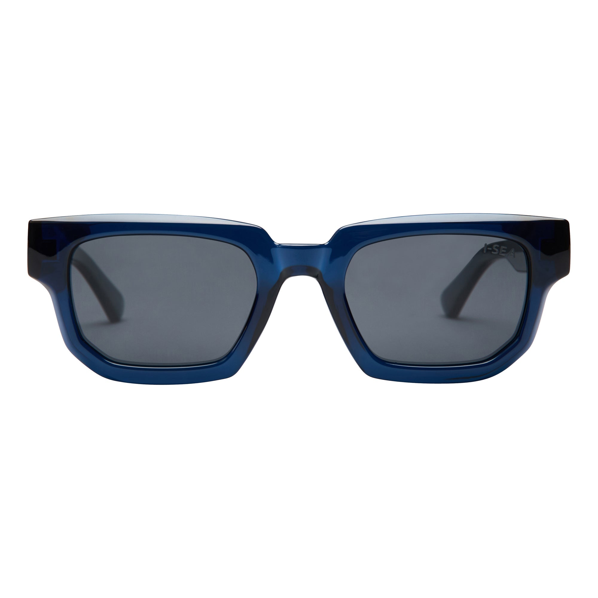 Blue sunglasses with dark lenses on a white background.
DARK SEAS / SMOKE POLARIZED LENS