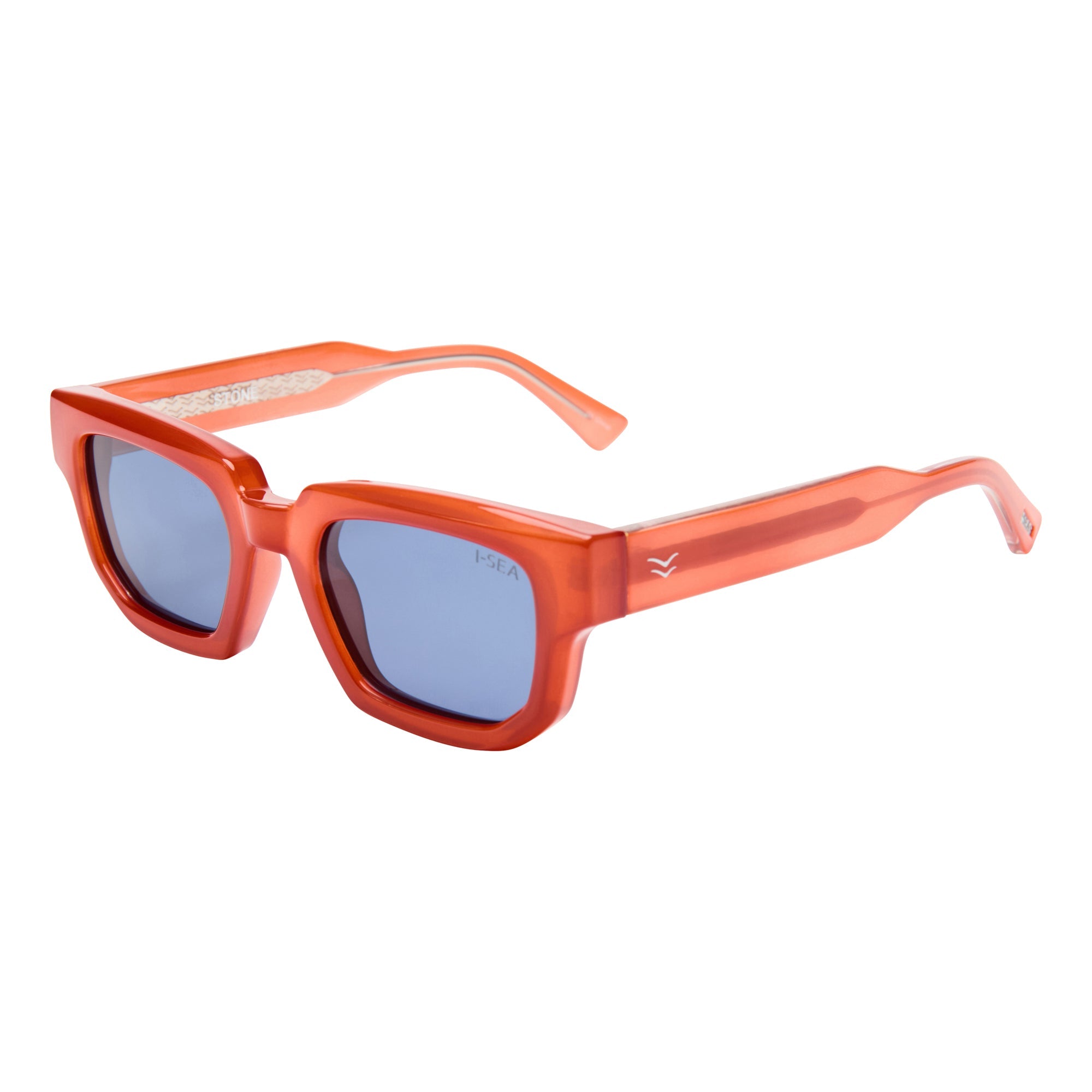 Orange sunglasses with blue lenses on a white background.
TANGERINE / NAVY POLARIZED LENS