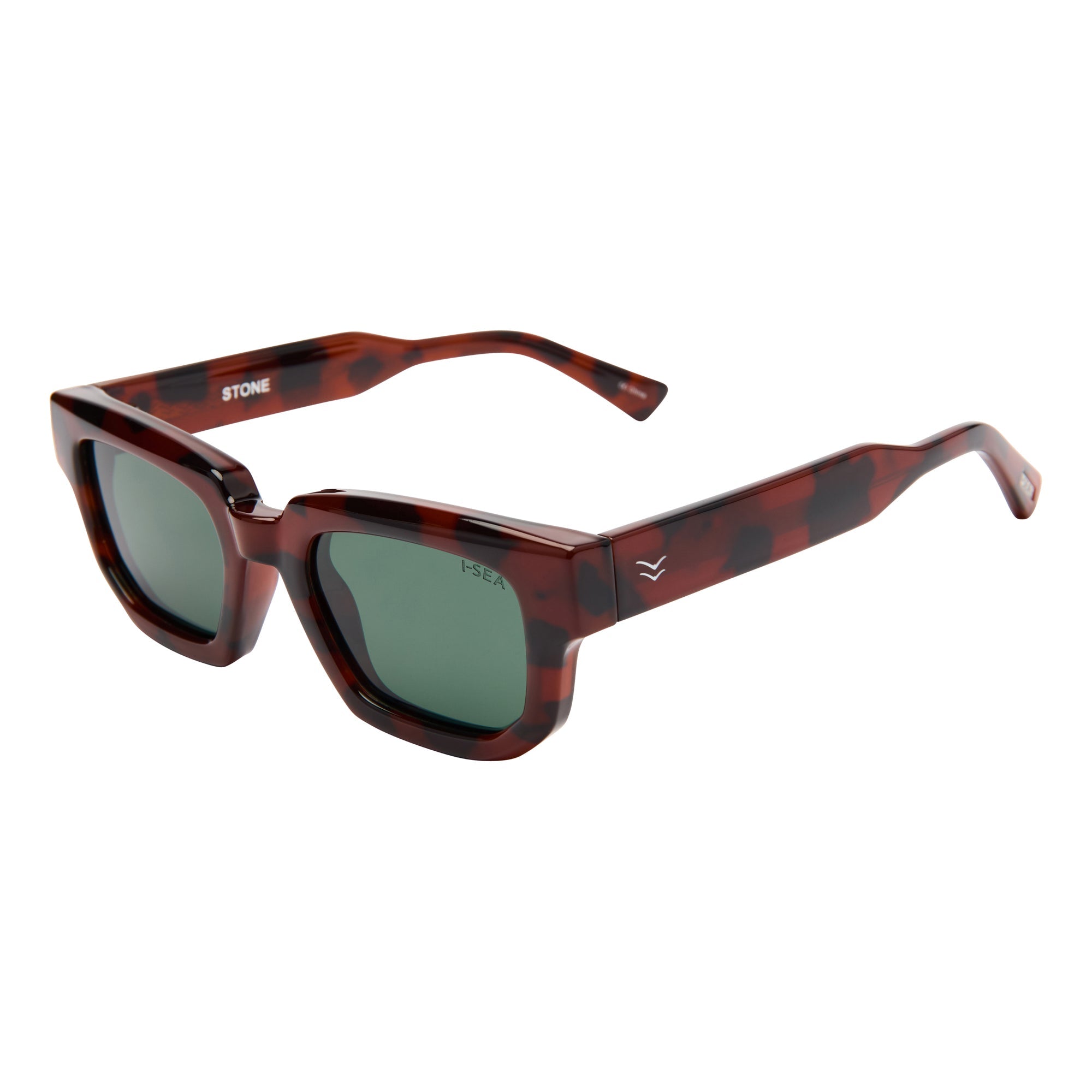 Sunglasses with tortoiseshell frame and green lenses on a white background.
TORT / GREEN POLARIZED LENS