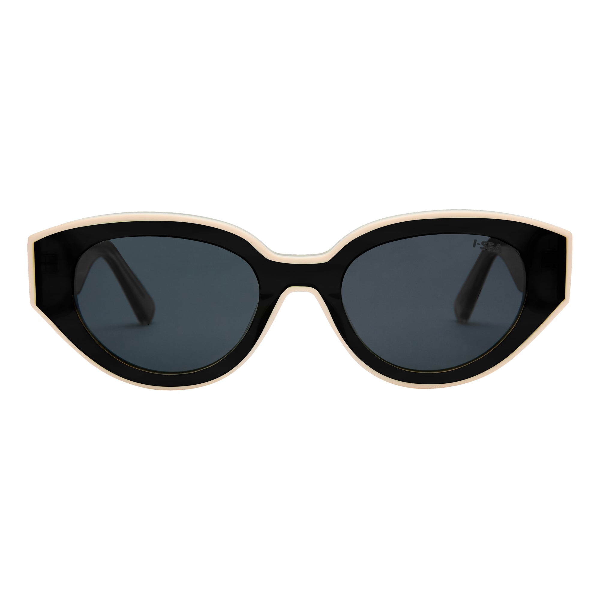 Black sunglasses with beige frame on a white background.
BLACK / SMOKE POLARIZED LENS