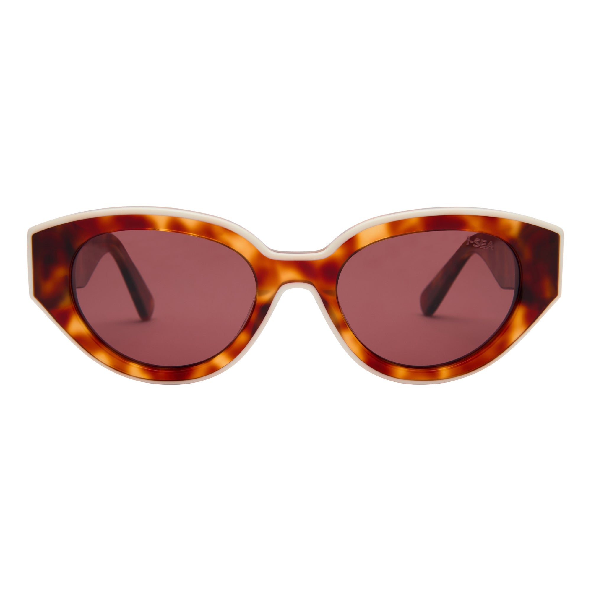 Sunglasses with tortoiseshell frame and red lenses on a white background.
HONEY TORT / PLUM POLARIZED LENS