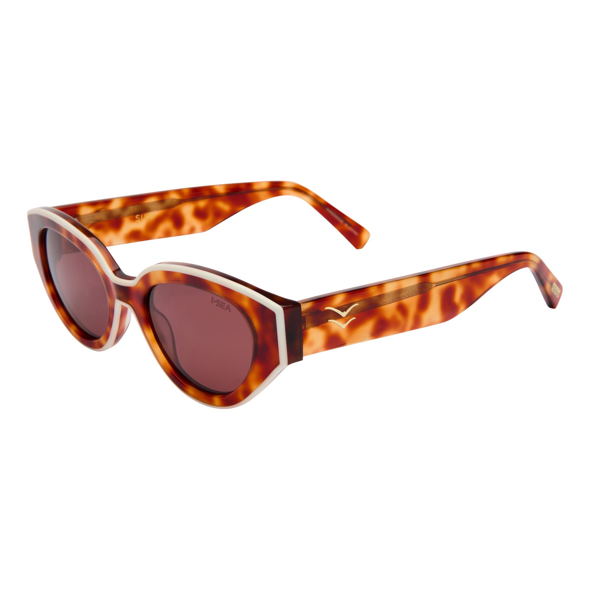 Sunglasses with tortoiseshell frame and brown lenses on a white background.
HONEY TORT / PLUM POLARIZED LENS