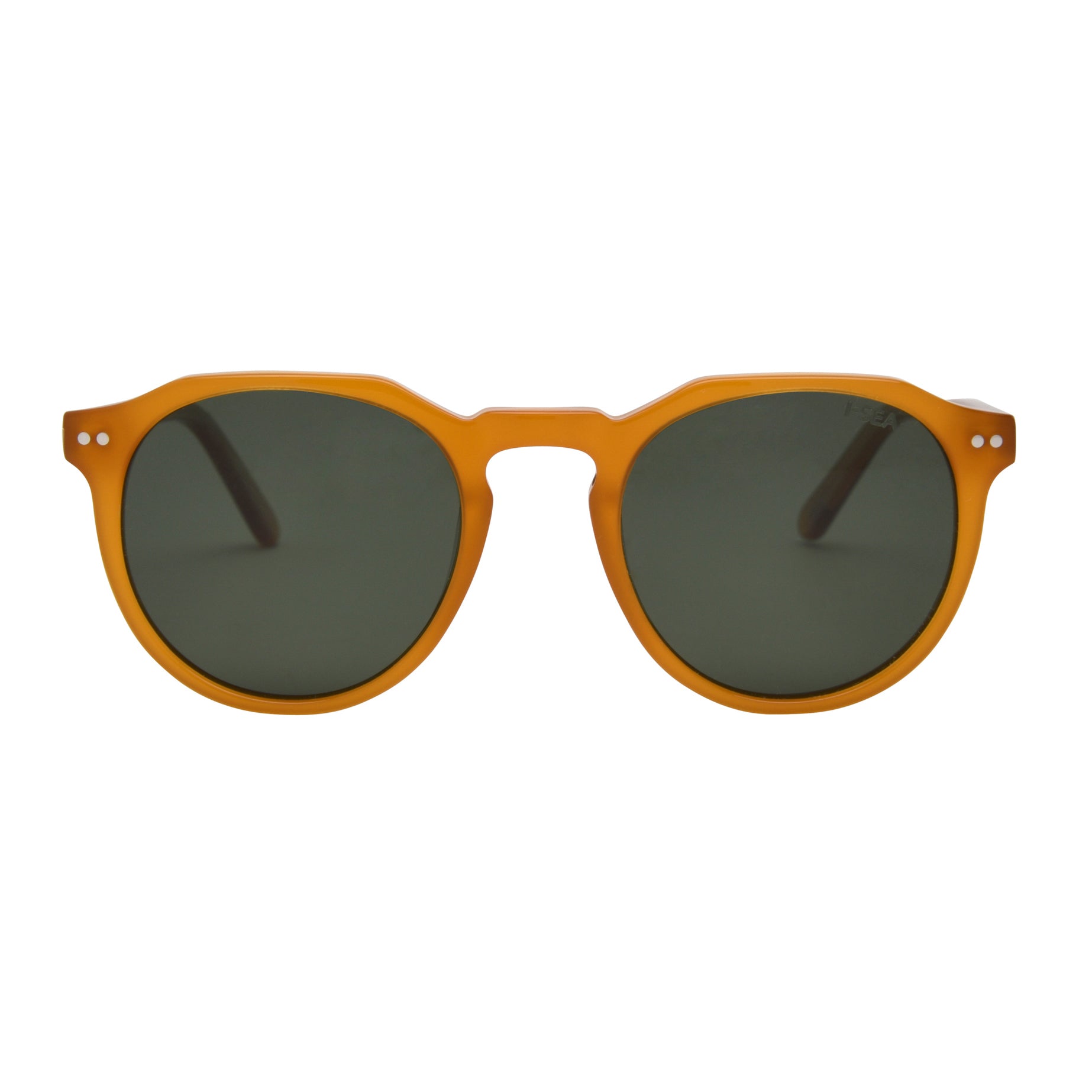 Sunglasses with orange frame and dark lenses on a white background.
SUNSHINE / GREEN POLARIZED LENS