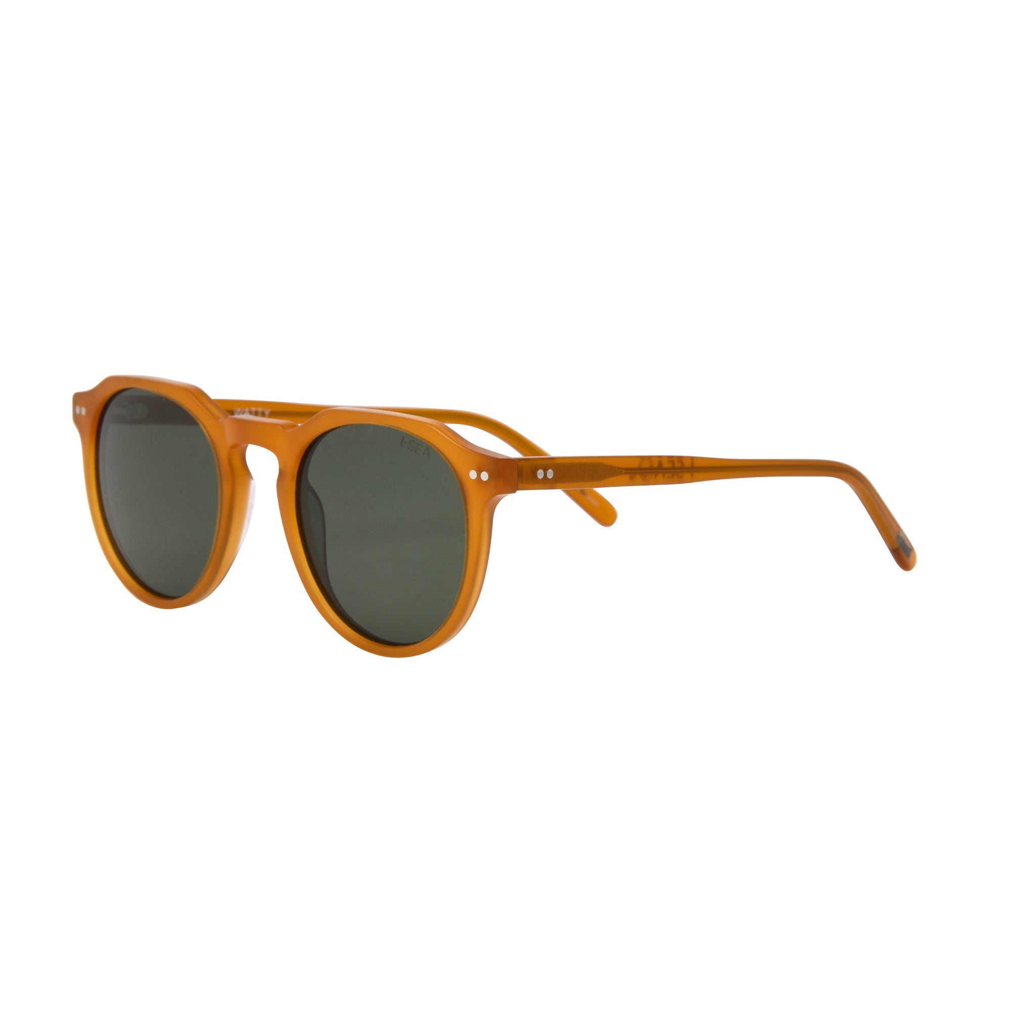 Sunglasses with brown frame and dark lenses on a white background.
SUNSHINE / GREEN POLARIZED LENS