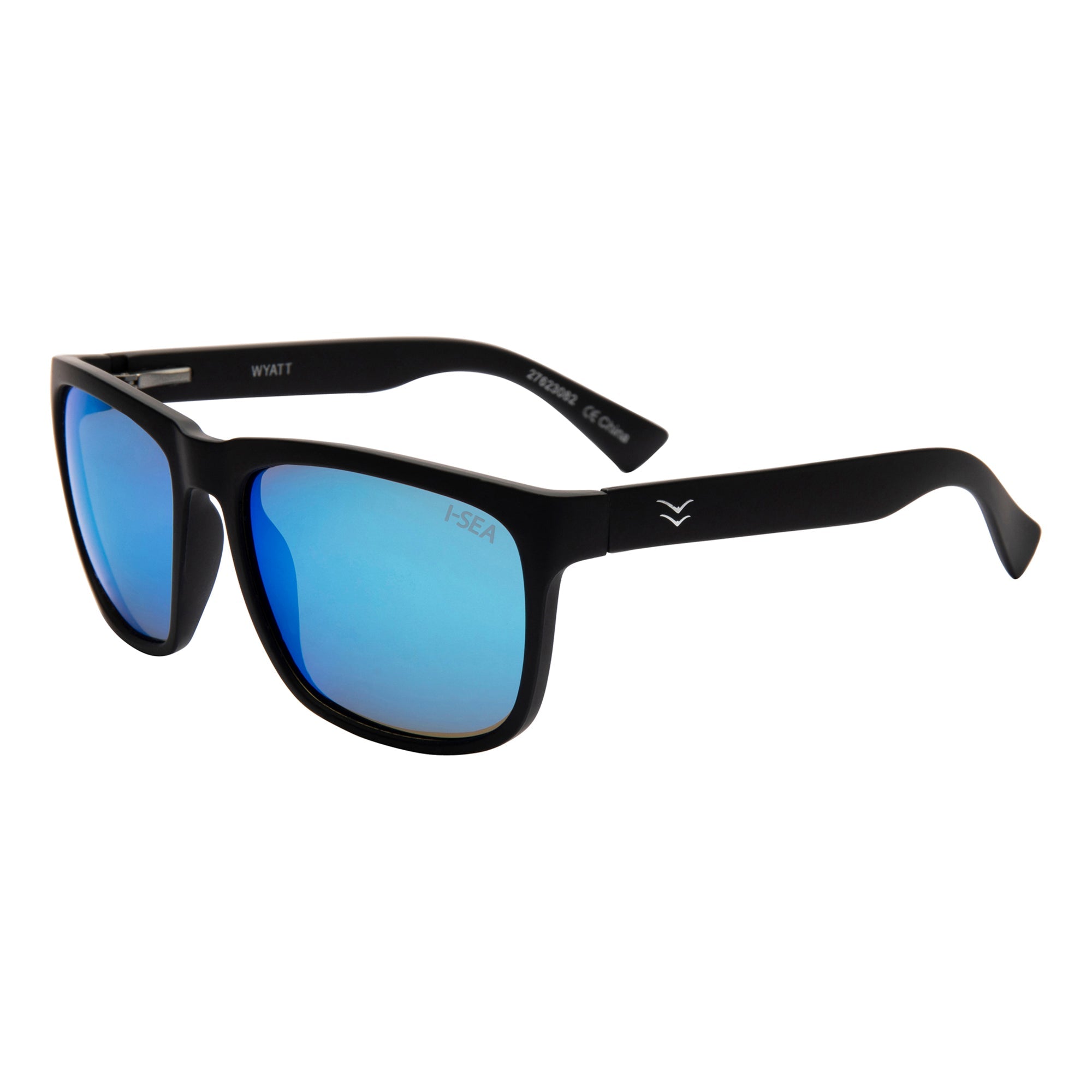 Black sunglasses with blue lenses on a white background.
BLACK / ICE BLUE POLARIZED LENS