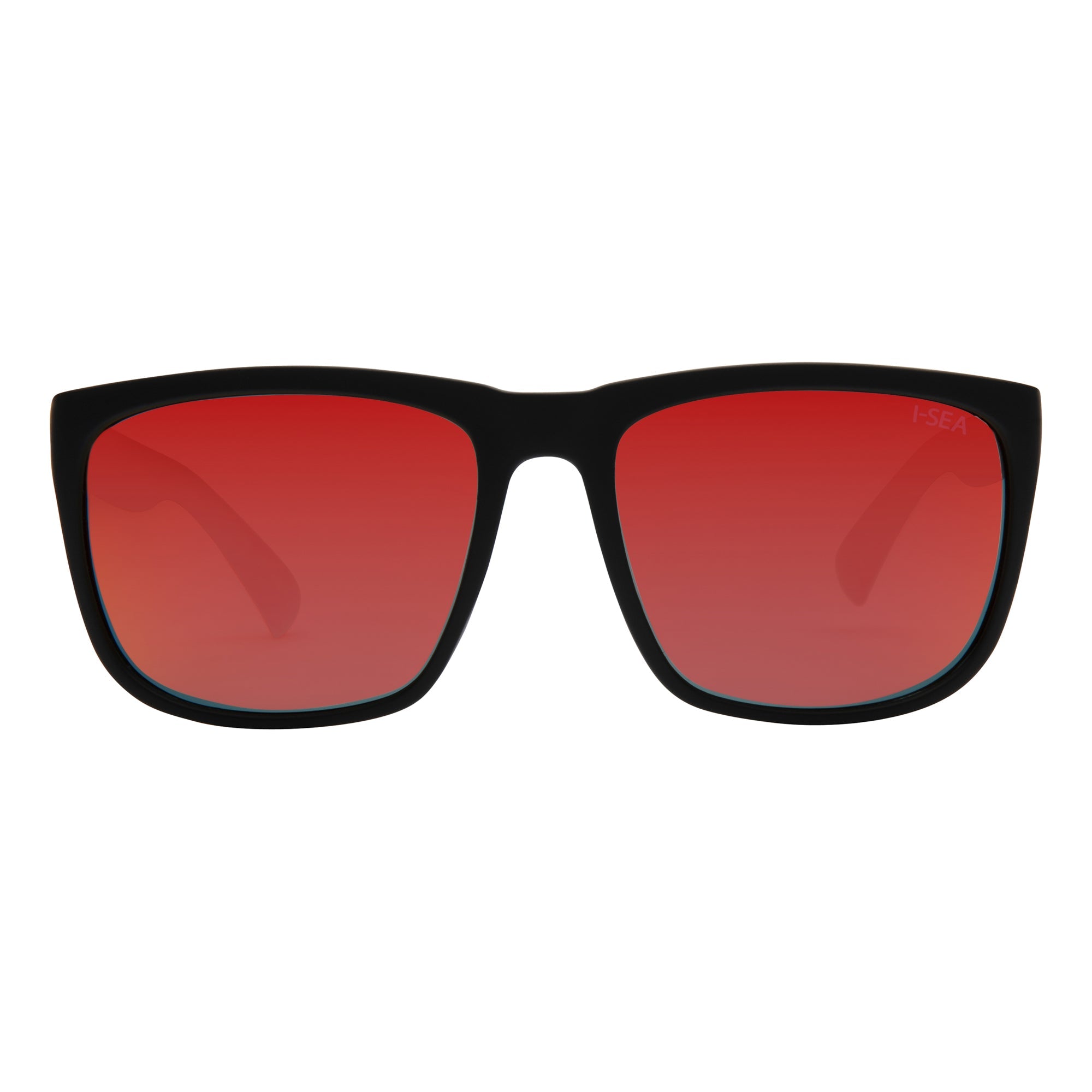 Sunglasses with black frame and red lenses on a white background.
BLACK / RED POLARIZED LENS