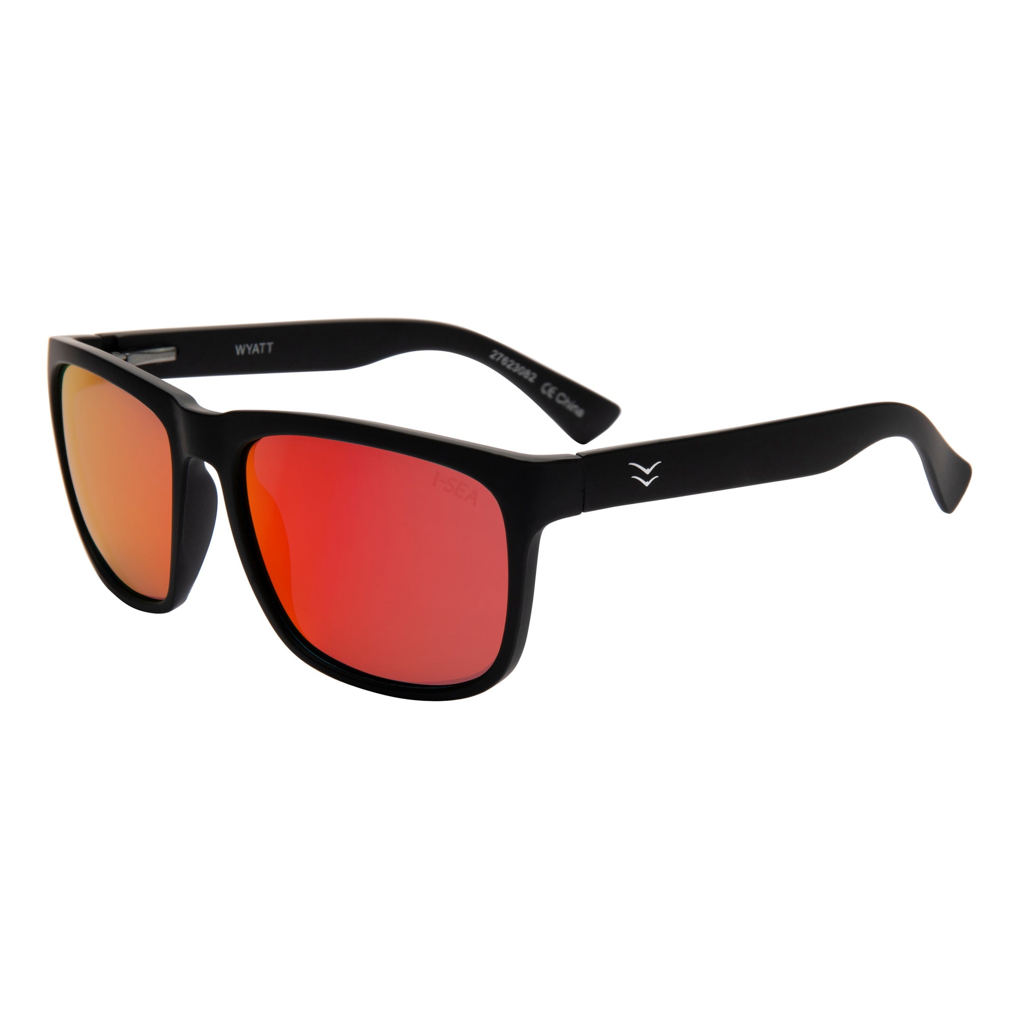 Black sunglasses with red lenses on a white background.
BLACK / RED POLARIZED LENS