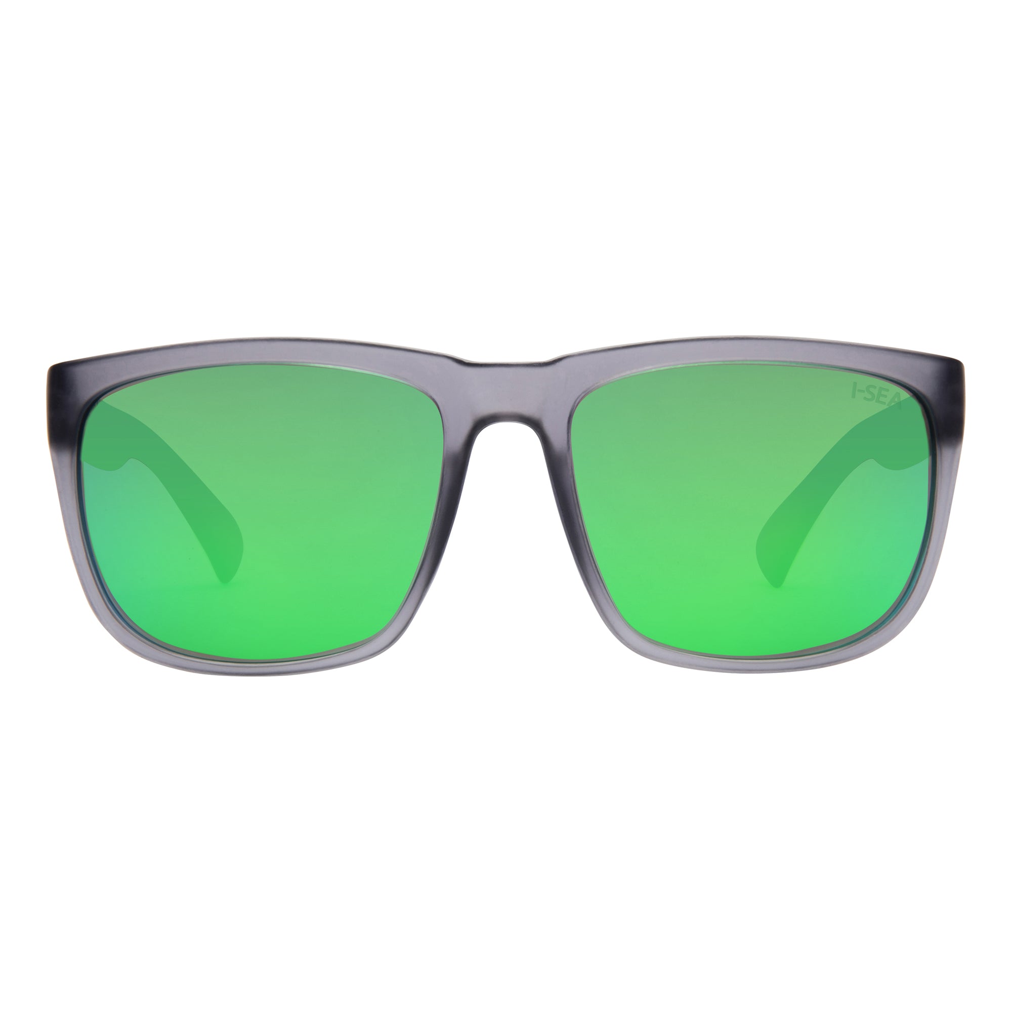 Sunglasses with green lenses and gray frame on a white background.
GREY / GREEN POLARIZED LENS