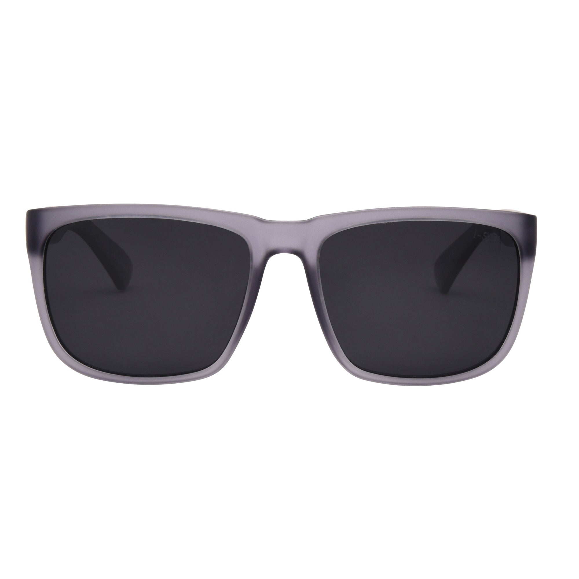 Sunglasses with dark lenses and a light gray frame on a white background.
GREY / SMOKE POLARIZED LENS