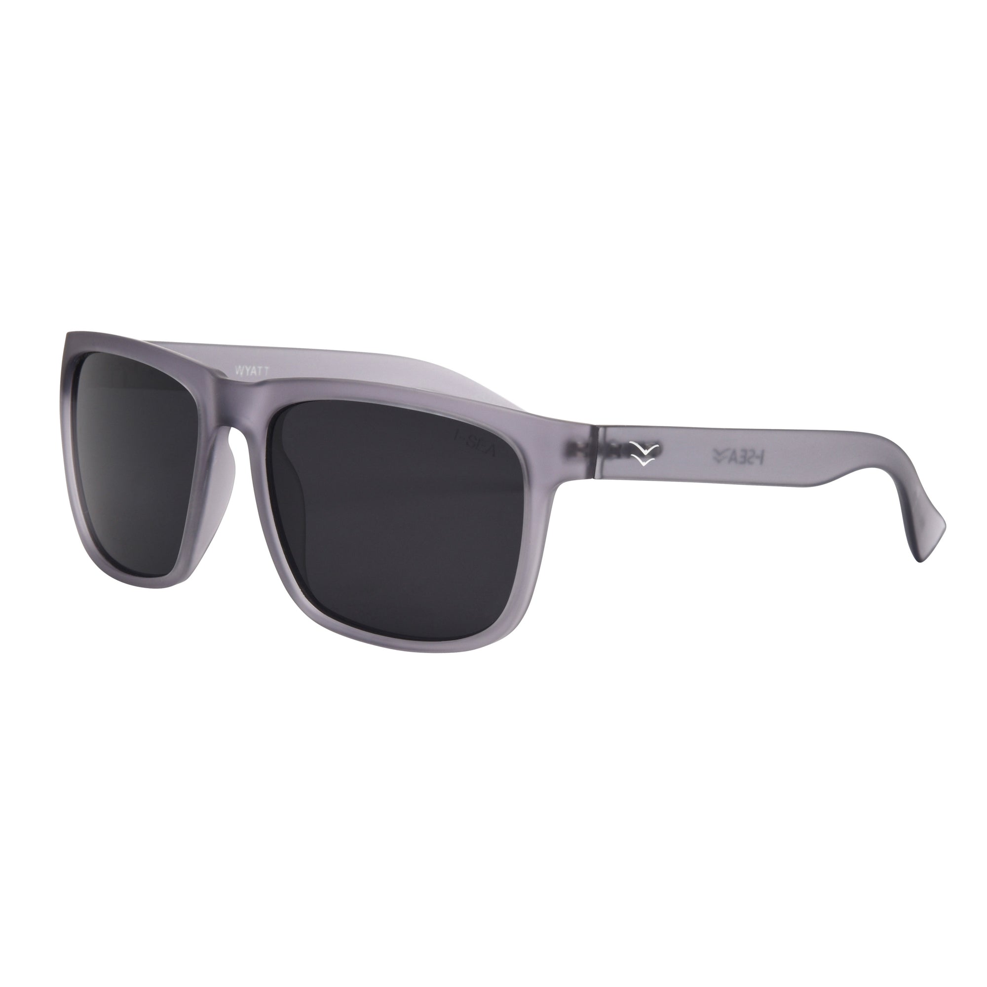Black sunglasses with dark lenses on a white background.
GREY / SMOKE POLARIZED LENS