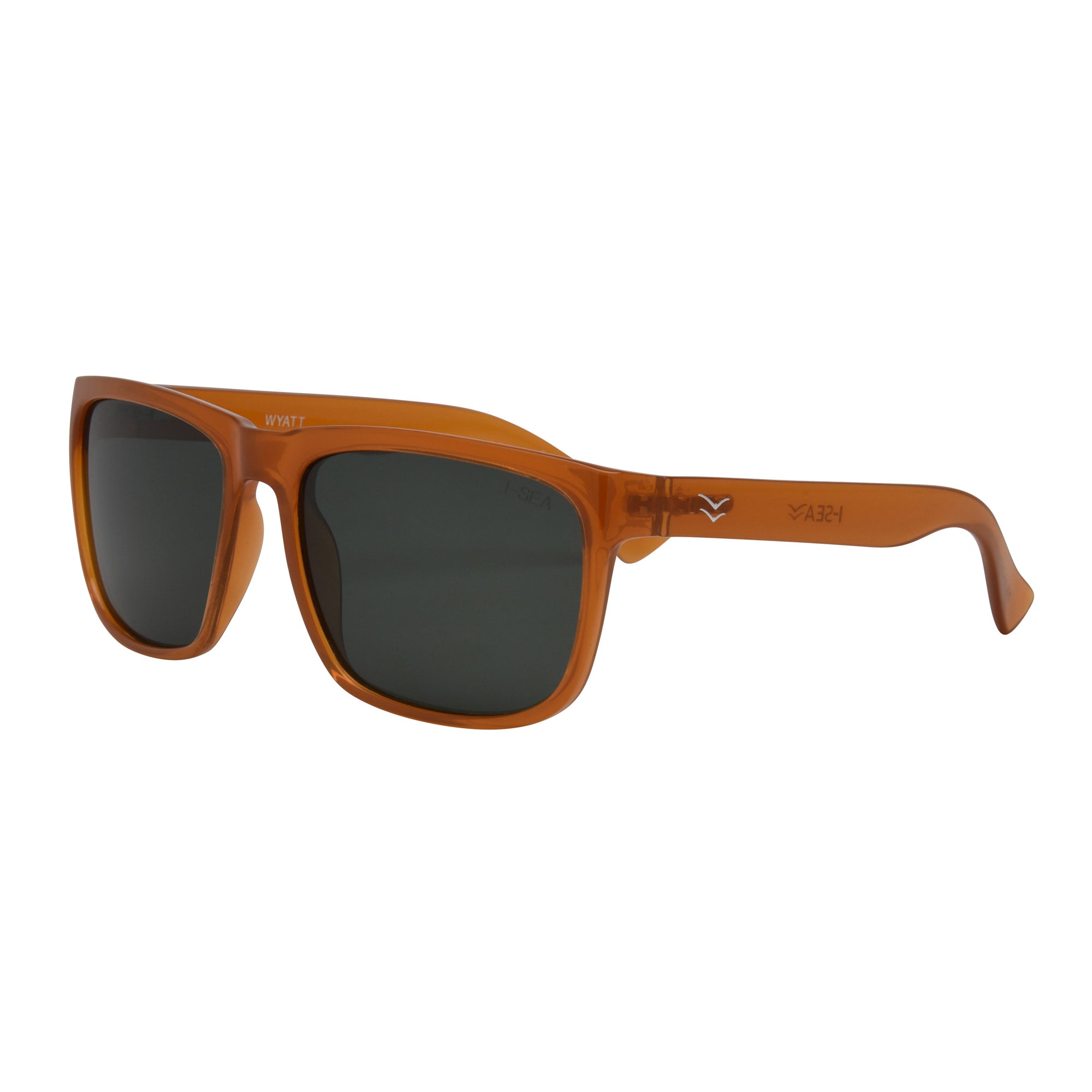 Sunglasses with brown frame and dark lenses on a white background.
SUNSHINE / GREEN POLARIZED LENS