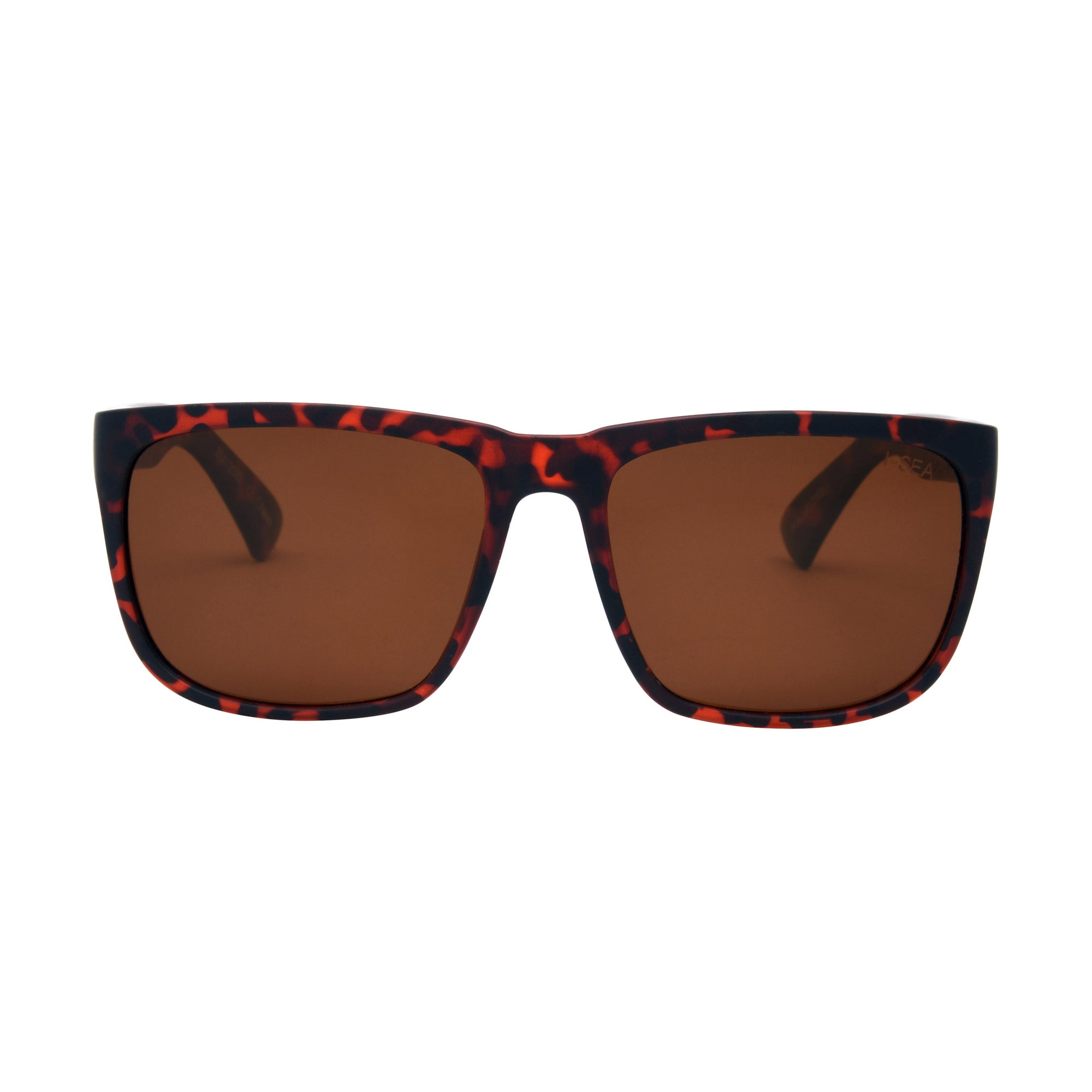 Sunglasses with a black and red frame on a white background.
TORT / BROWN POLARIZED LENS