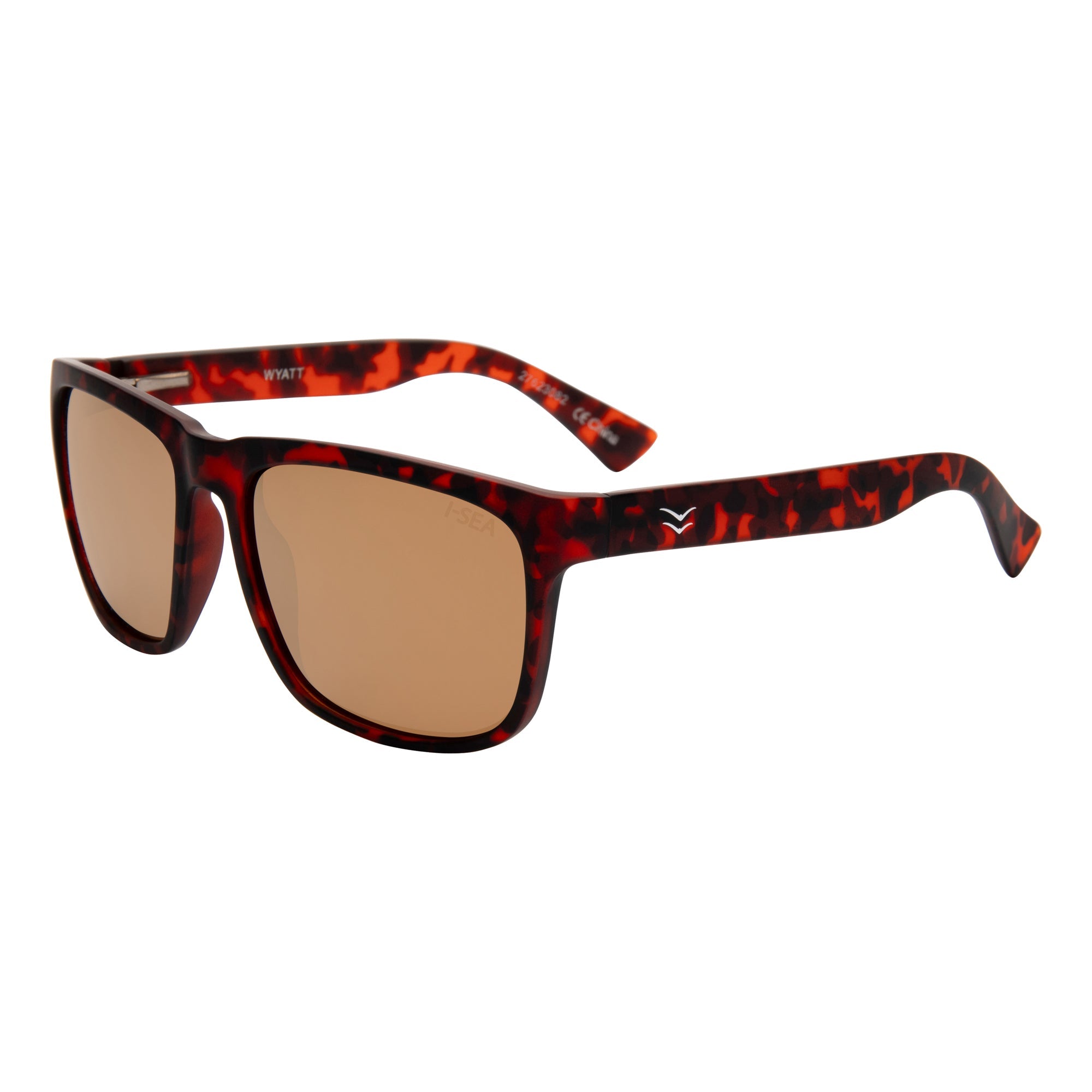 Sunglasses with red and black tortoiseshell frame on a white background.
TORT / COPPER POLARIZED LENS