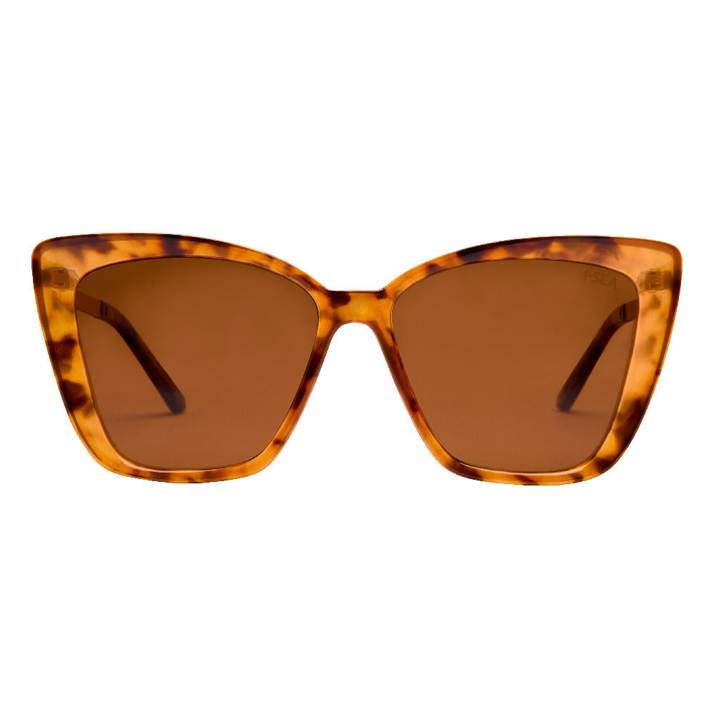Tortoiseshell cat-eye sunglasses with brown lenses on a white background.
TORT / BROWN POLARIZED LENS