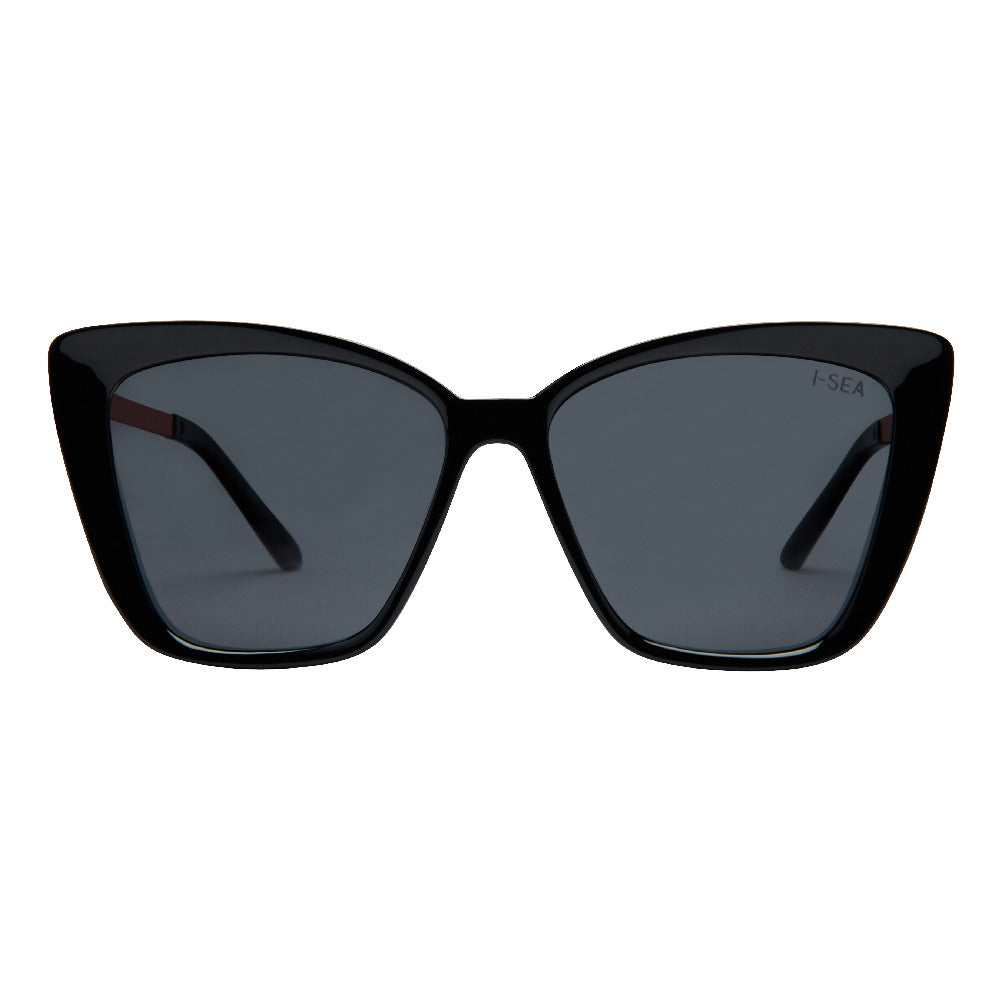 Black cat-eye sunglasses with dark lenses on a white background.
BLACK / SMOKE POLARIZED LENS