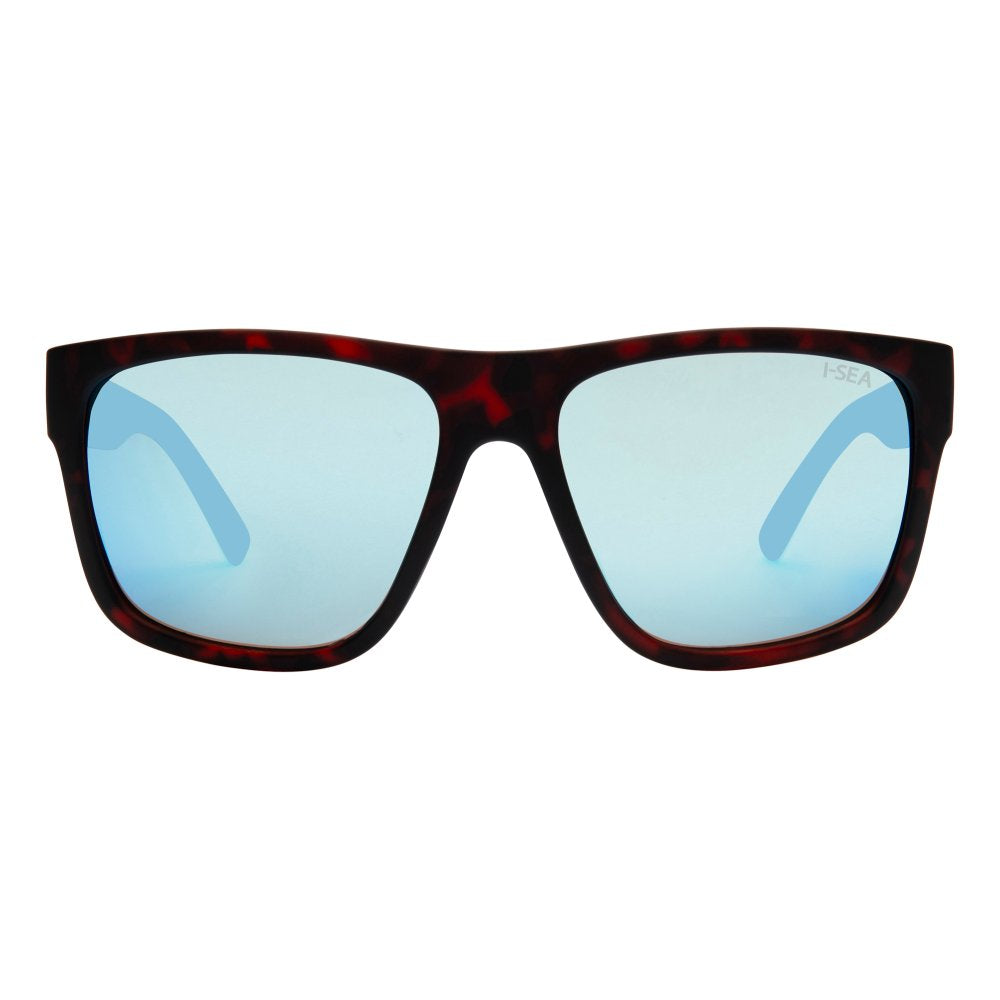 Sunglasses with blue lenses and a black frame on a white background.
TORT / BLUE POLARIZED LENS