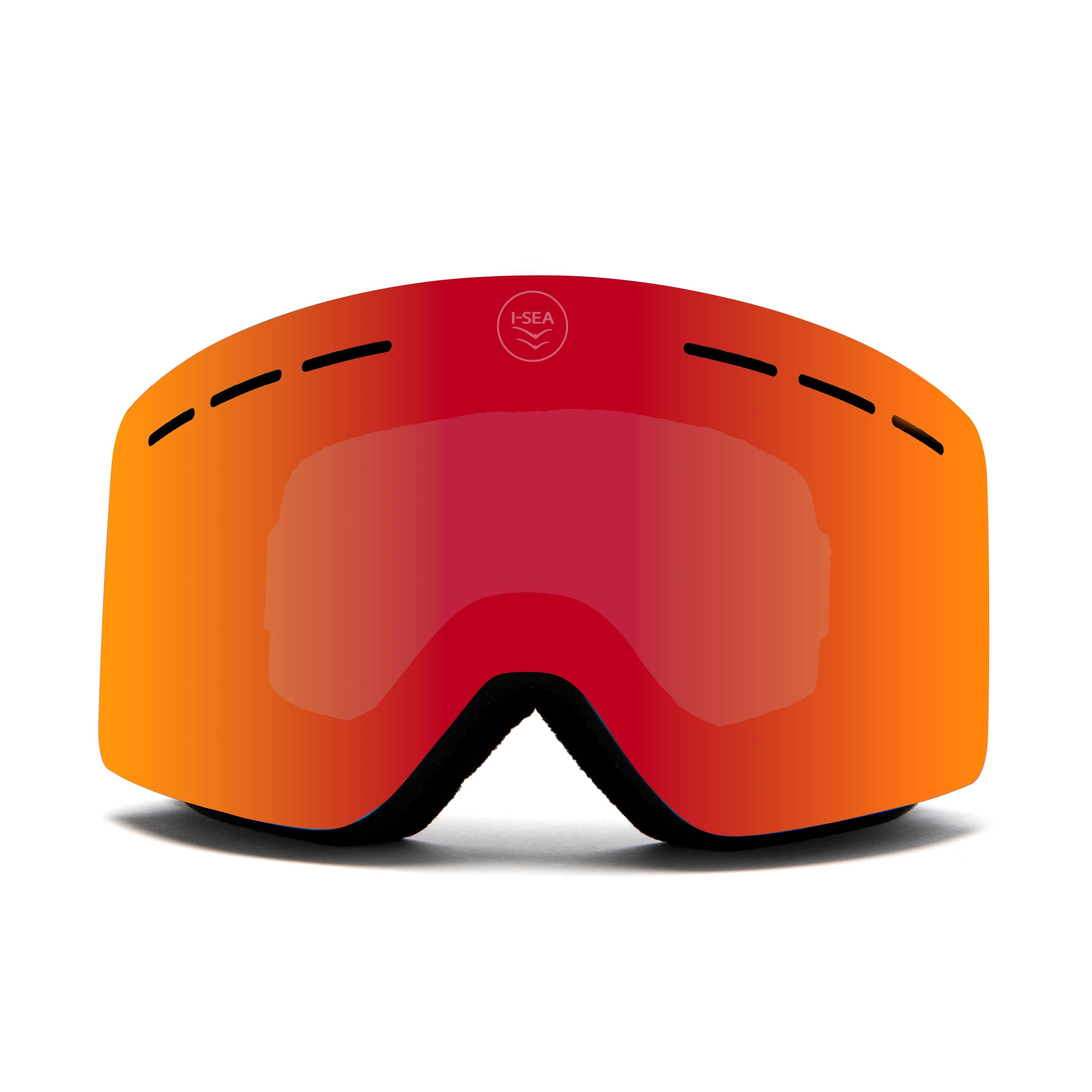Orange ski goggles with a red lens on a white background.
BLACK / FIRE RED