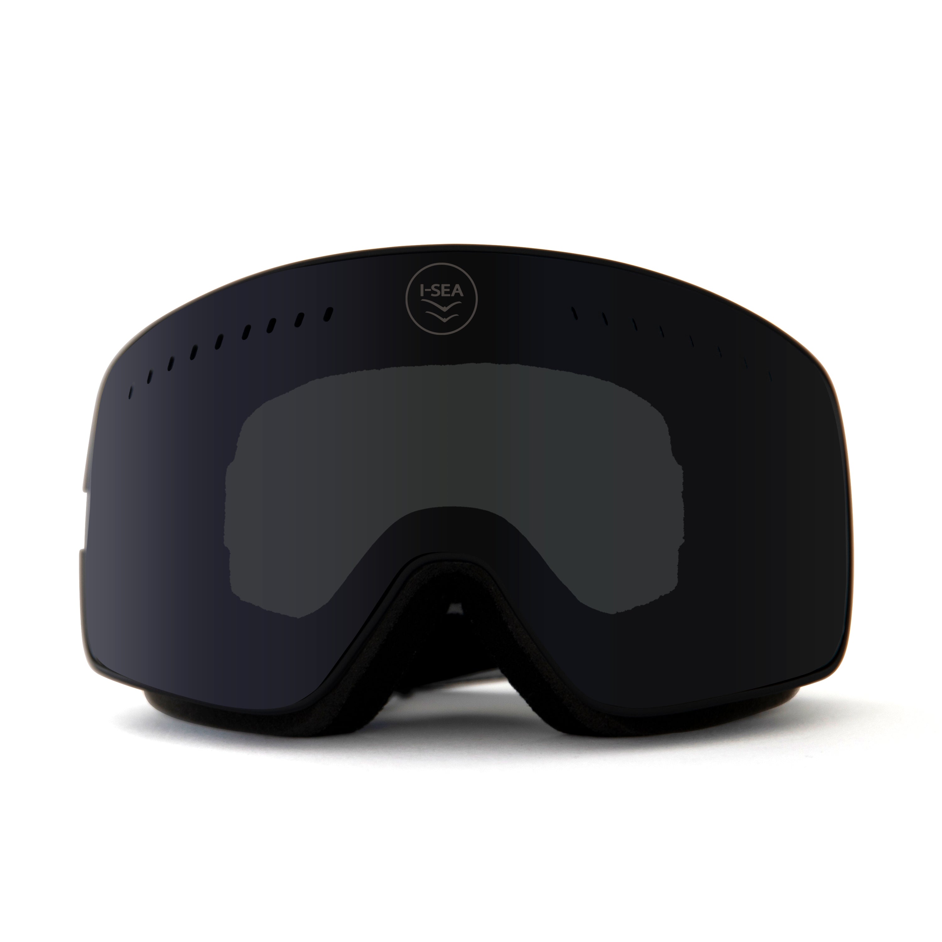 Black goggles with a reflective lens on a white background.
BLACK / SMOKE LENS
