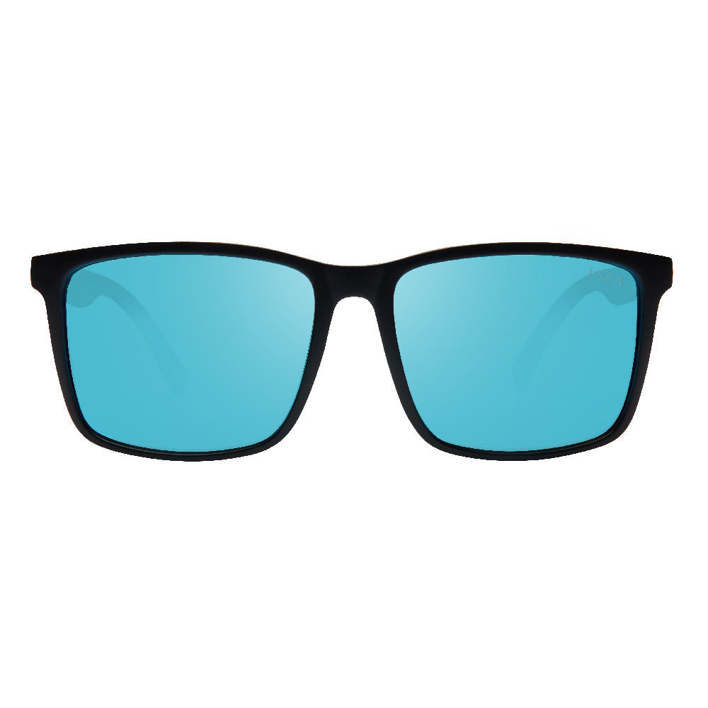 Sunglasses with black frame and blue lenses on a white background.
BLACK / BLUE MIRROR POLARIZED LENS