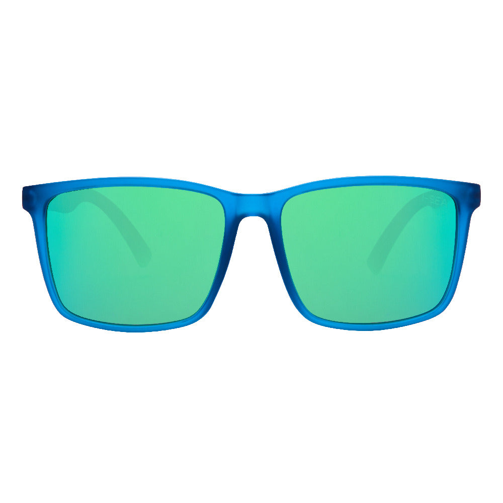 Blue sunglasses with green lenses on a white background.
STORM / GREEN MIRROR POLARIZED LENS