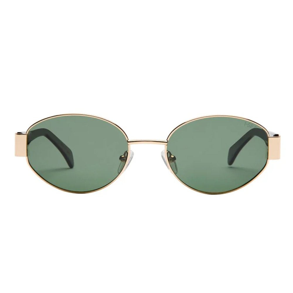 Sunglasses with gold frame and green lenses on a white background.
GOLD / GREEN POLARIZED LENS