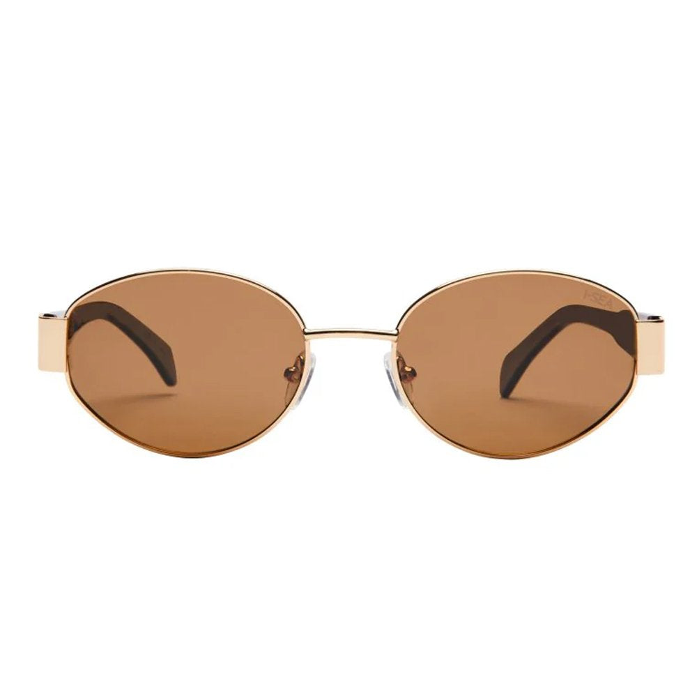 Sunglasses with gold frame and brown lenses on a white background.
GOLD / BROWN POLARIZED LENS