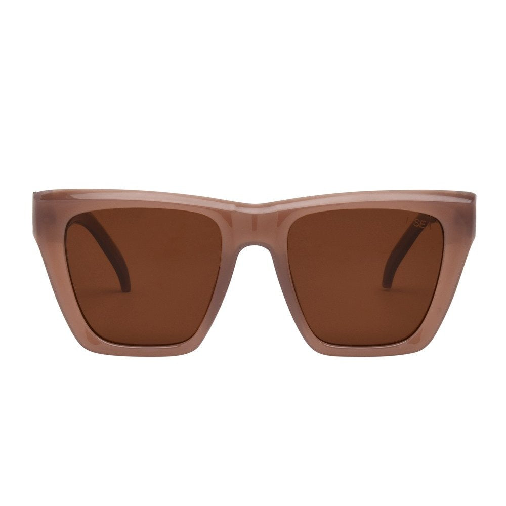 Brown sunglasses with a clear frame on a white background.
OATMEAL / BROWN POLARIZED LENS