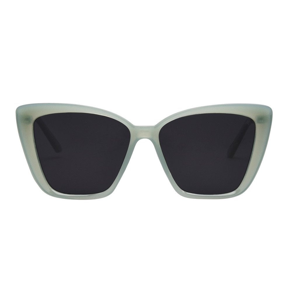 Sunglasses with dark lenses and a light frame on a white background.
SAGE / SMOKE POLARIZED LENS