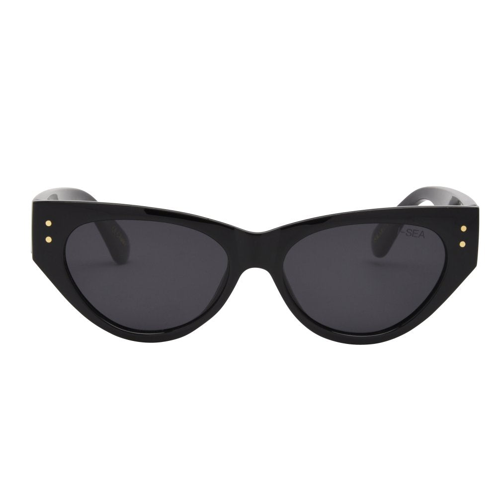 Black cat-eye sunglasses with gold accents on a white background.
BLACK / SMOKE POLARIZED LENS
