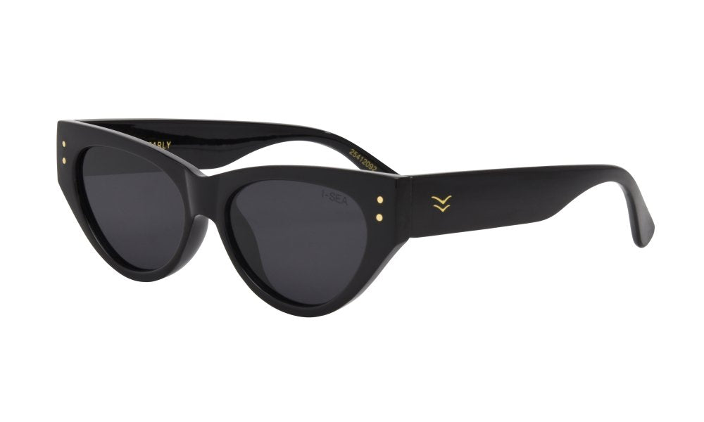 Black cat-eye sunglasses with a gold logo on a white background.
BLACK / SMOKE POLARIZED LENS