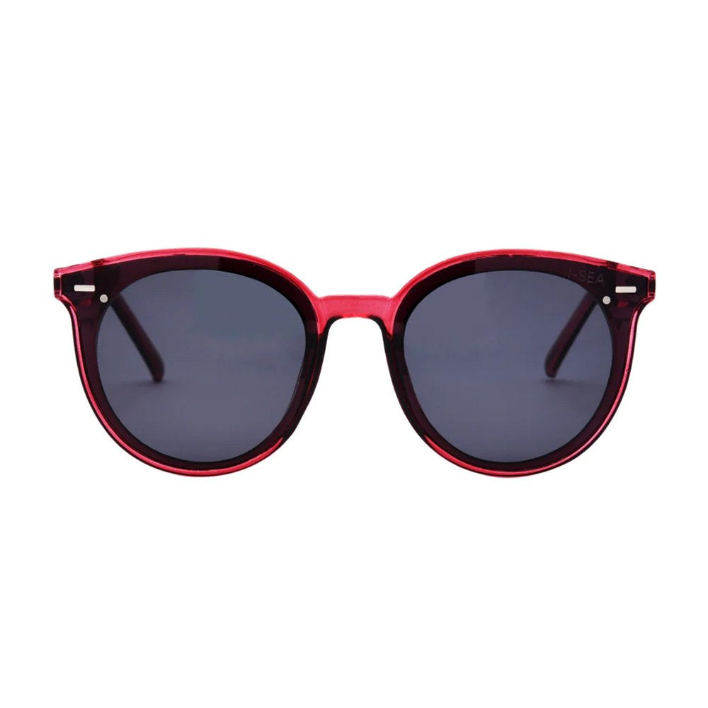 Red sunglasses with dark lenses on a white background.
Raspberry / Smoke Polarized