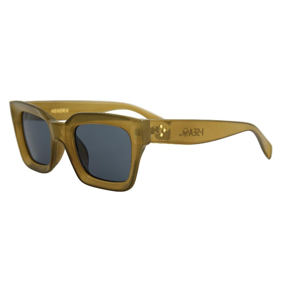 Sunglasses with brown frame and dark lenses on a white background.
Olive / Smoke Polarized Lens