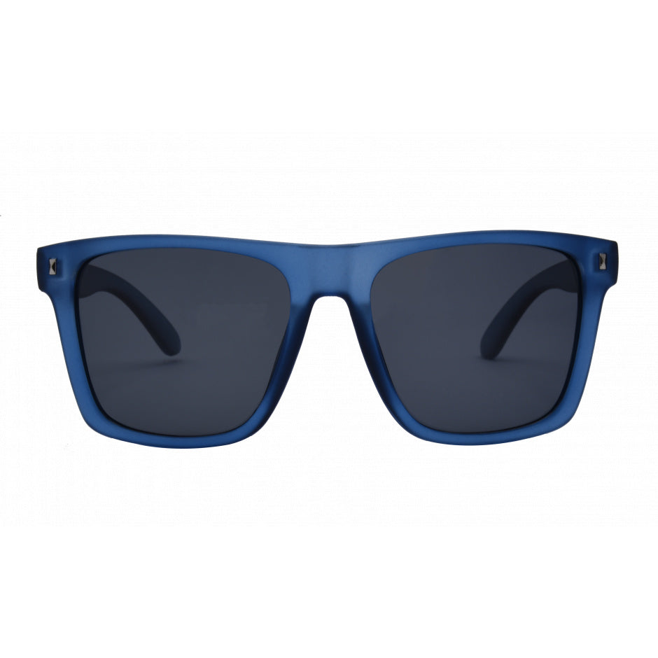 Blue sunglasses with dark lenses on a white background.
STORM BLUE / SMOKE POLARIZED LENS