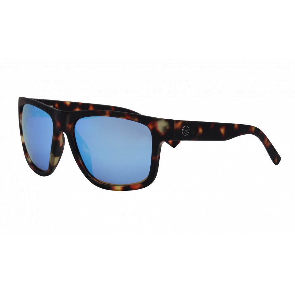 Sunglasses with tortoiseshell frame and blue lenses on a white background.
TORT / BLUE POLARIZED LENS