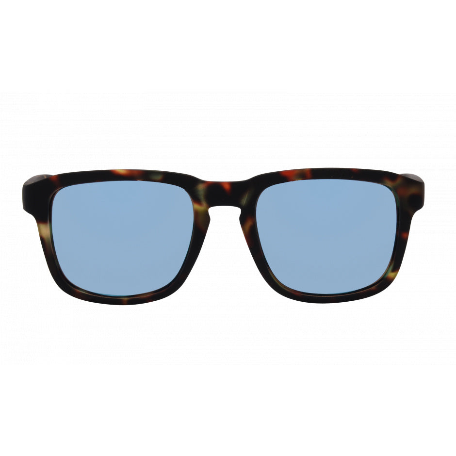 Sunglasses with tortoiseshell frame and blue lenses on a white background.
TORT / BLUE POLARIZED LENS