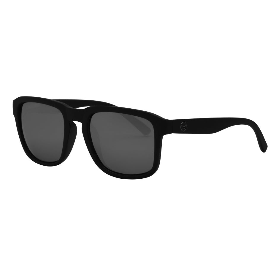 Black sunglasses with dark lenses on a white background.
BLACK / SMOKE POLARIZED LENS
