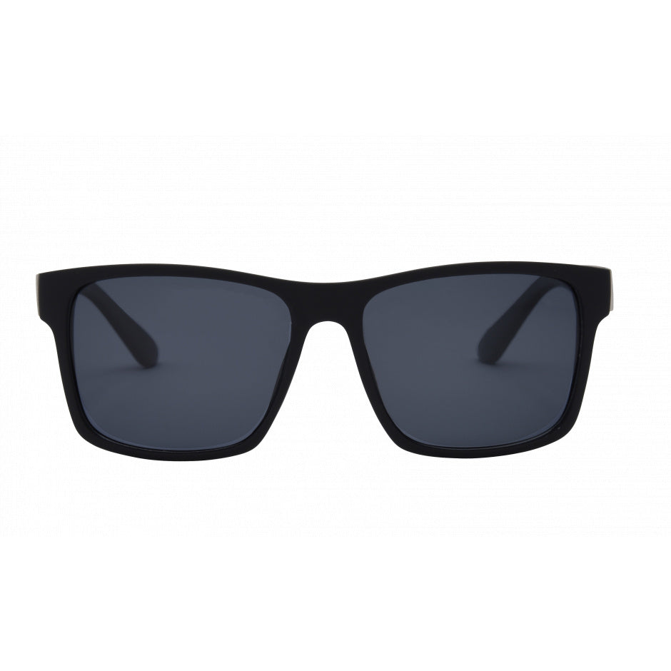 Black sunglasses with dark lenses on a white background.
BLACK / SMOKE POLARIZED LENS
