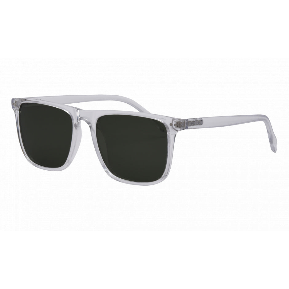 Sunglasses with clear frame and dark lenses on a white background.
GREY / SMOKE POLARIZED LENS