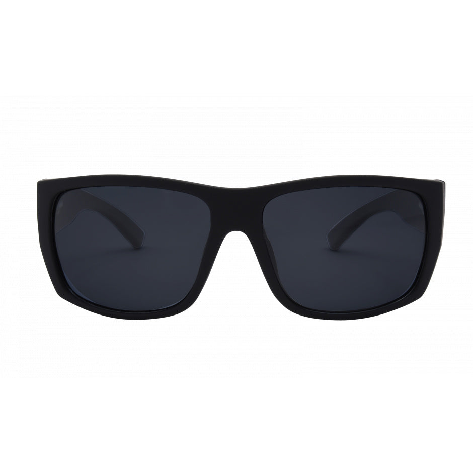 Black sunglasses with dark lenses on a white background.
BLACK / SMOKE POLARIZED LENS