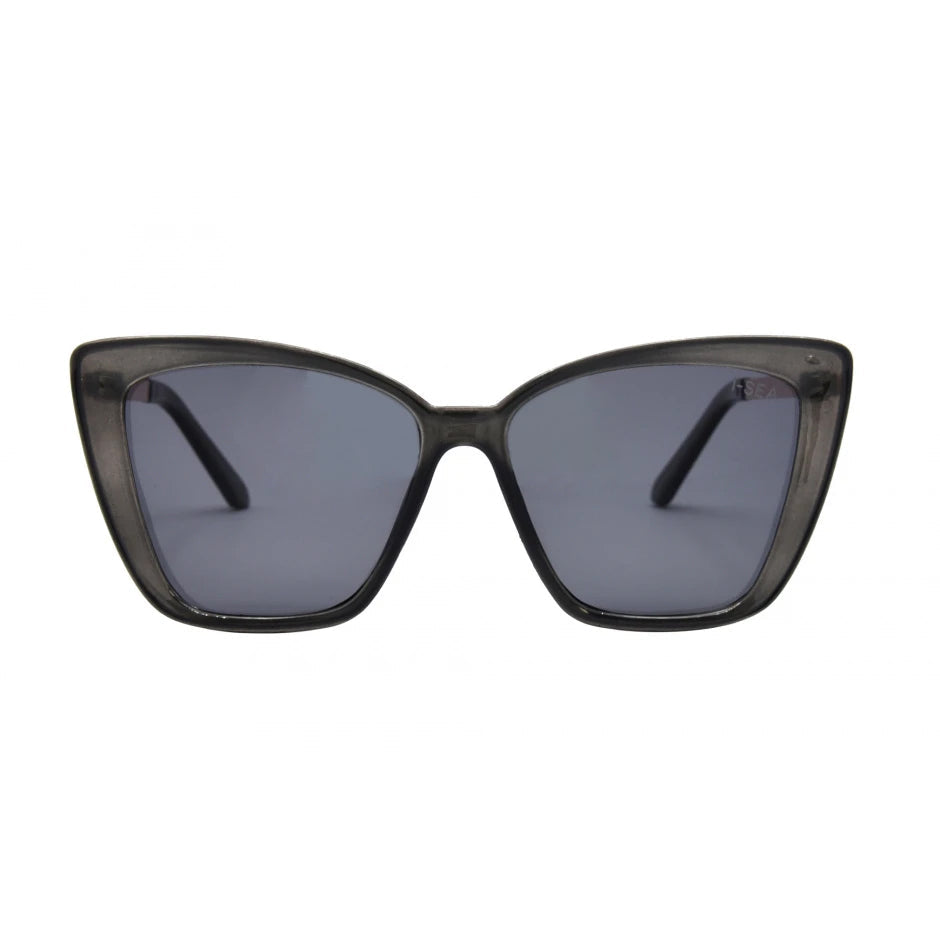 Black cat-eye sunglasses with dark lenses on a white background.
Grey / Smoke Polarized